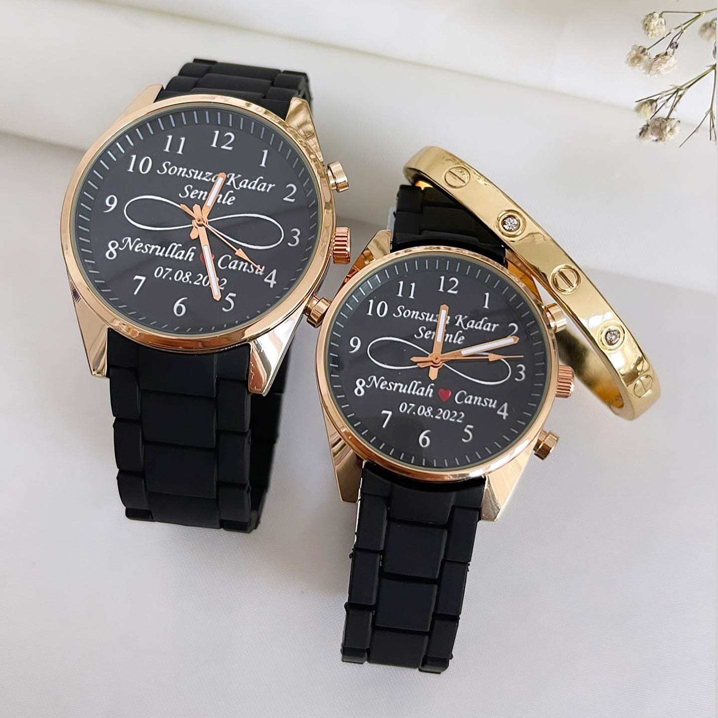 Siyah Rose Gold Sert Silikon Kordon Çift Saatleri