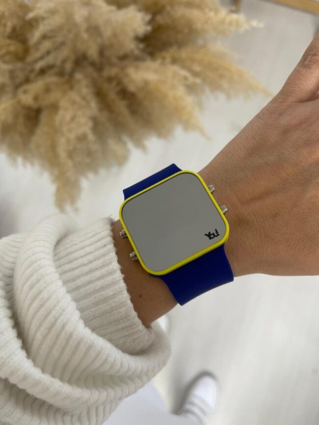 Lacivert Sarı Dijital Tuşlu Kare Led Unisex Saat