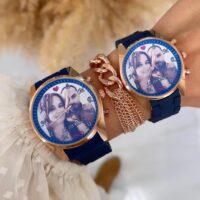 Lacivert Rose Gold Resimli Sert Silikon Kordon Çift Saatleri