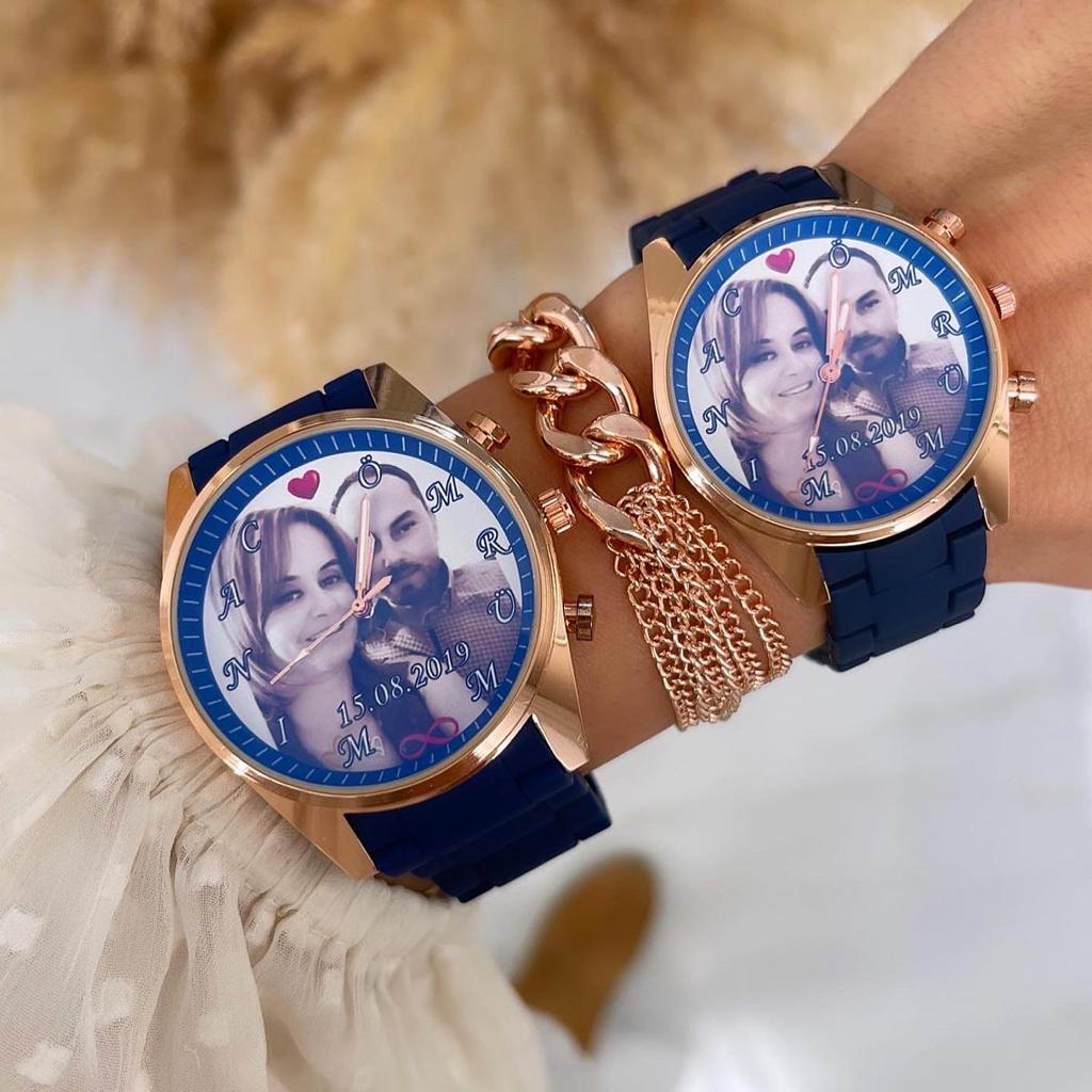 Lacivert Rose Gold Resimli Sert Silikon Kordon Çift Saatleri