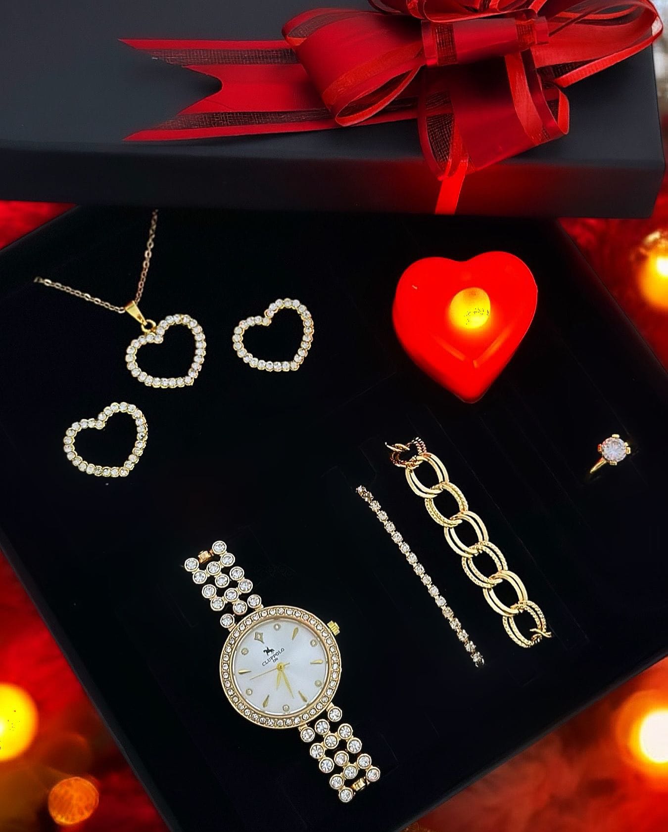 Gold Saat Bileklik Kolye ve Küpe Hediyeli Kare Set Kutu
