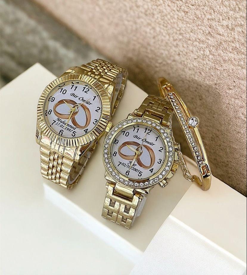 Çift Gold Taşlı Metal Kordon Analog Kol Saatleri